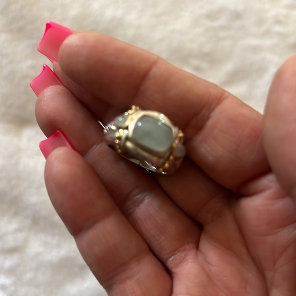 Sterling Silver & Gold Ring | Blue Chalcedony Cabochon | Size 7 - Picture 4 of 5